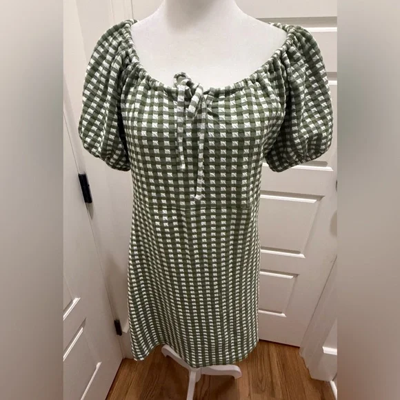 Madewell. Jacquard Puff-Sleeve Mini Dress in Faded Palm Gingham Check. Medium. - Picture 6 of 14